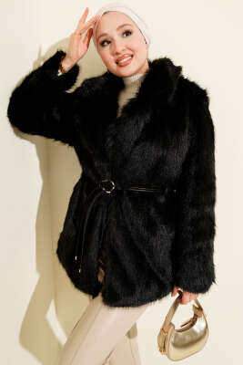 Deri İp Kuşaklı Kürk Mont Siyah - BERAT TEKSTİL