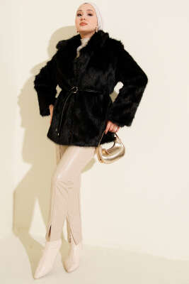 Deri İp Kuşaklı Kürk Mont Siyah - Mont