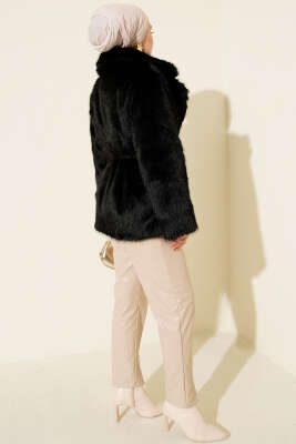 Deri İp Kuşaklı Kürk Mont Siyah - Mont