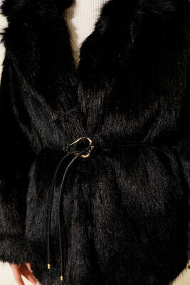 Deri İp Kuşaklı Kürk Mont Siyah - Mont