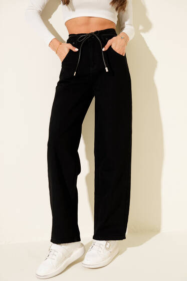 Deri İpli Bol Paça Kot Pantolon Siyah - Kadın Giyim Modelleri