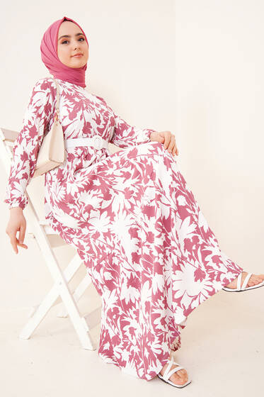 Deri Kemerli Bürümcük Elbise Gül Kurusu - Tesettür Elbise