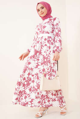 Deri Kemerli Bürümcük Elbise Gül Kurusu - Tesettür Elbise