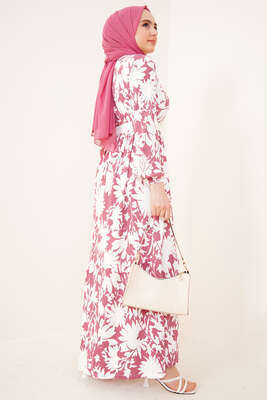 Deri Kemerli Bürümcük Elbise Gül Kurusu - Tesettür Elbise