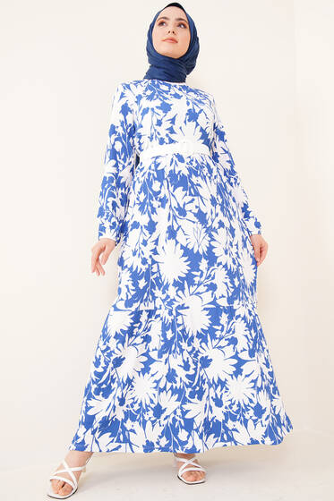 Deri Kemerli Bürümcük Elbise İndigo - Tesettür Elbise