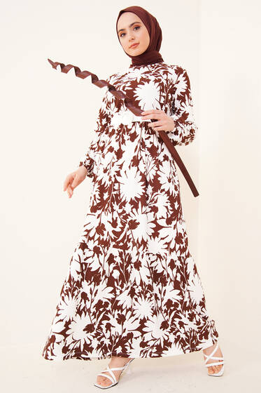 Deri Kemerli Bürümcük Elbise Kahve - Tesettür Elbise