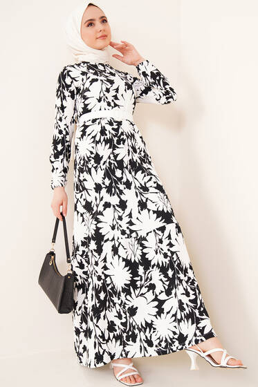 Deri Kemerli Bürümcük Elbise Siyah - Tesettür Elbise