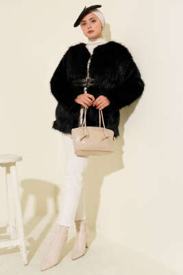 Deri Kemerli Kürklü Mont Siyah - Mont