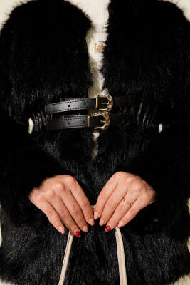 Deri Kemerli Kürklü Mont Siyah - Mont