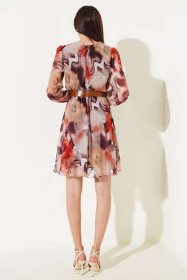 Deri Kemerli Midi Tül Elbise Kahve - Kadın Giyim Modelleri