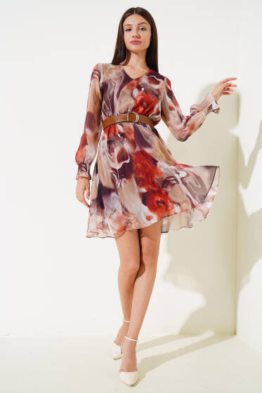 Deri Kemerli Midi Tül Elbise Kahve - Kadın Giyim Modelleri