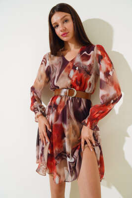 Deri Kemerli Midi Tül Elbise Kahve - Kadın Giyim Modelleri