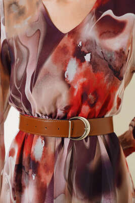 Deri Kemerli Midi Tül Elbise Kahve - Kadın Giyim Modelleri