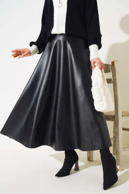 Deri Kloş Etek Siyah - Uzun Etek