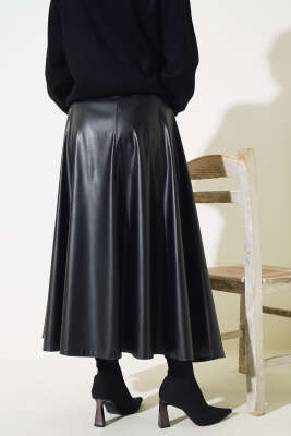 Deri Kloş Etek Siyah - Uzun Etek
