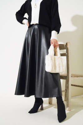 Deri Kloş Etek Siyah - Uzun Etek