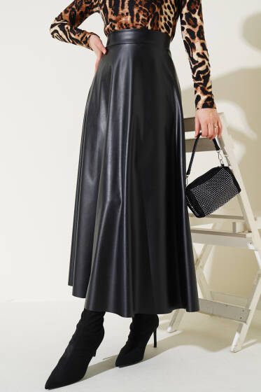 Deri Kloş Etek Siyah - Etek
