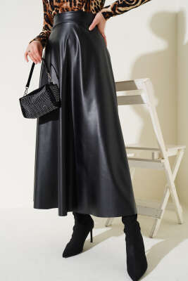 Deri Kloş Etek Siyah - Uzun Etek