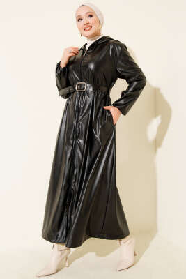  Deri Kol Lastikli Trençkot Siyah - Trençkot