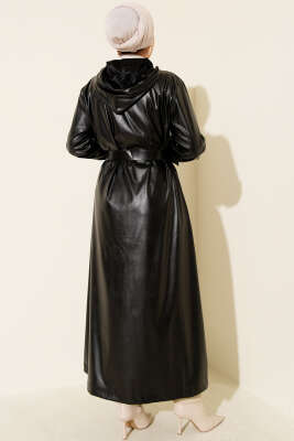  Deri Kol Lastikli Trençkot Siyah - Trençkot