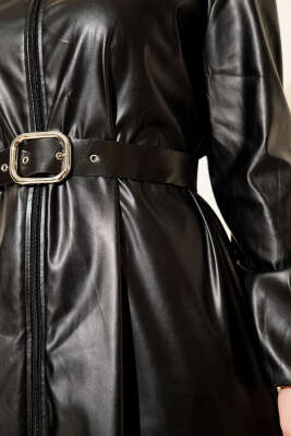  Deri Kol Lastikli Trençkot Siyah - Trençkot