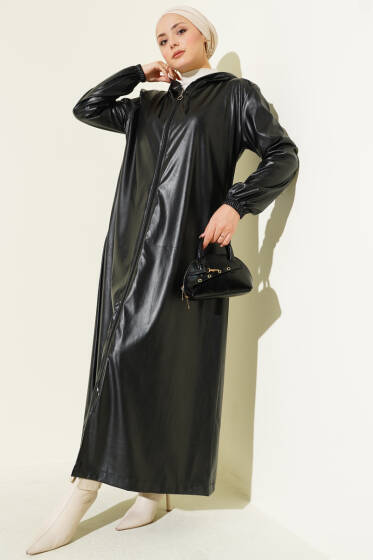  Deri Kol Lastikli Trençkot Siyah - Trençkot