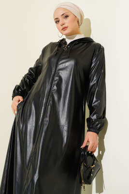  Deri Kol Lastikli Trençkot Siyah - Yılın Fırsatı