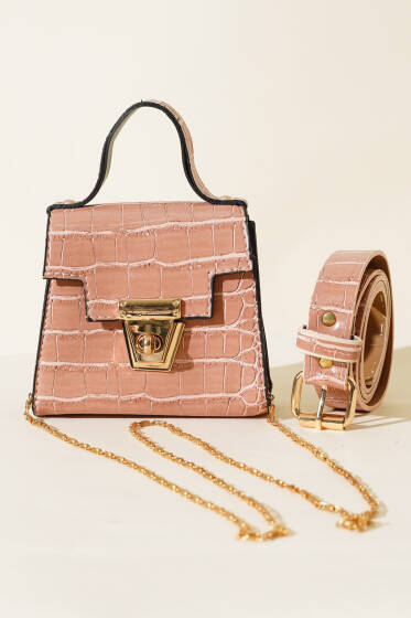 Deri Kroko Desen Mini Bel Çantası Pudra - Bel Çantası