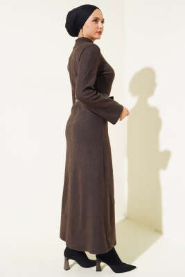 Deri Kuşaklı Fitilli Elbise Acı Kahve - Tesettür Elbise
