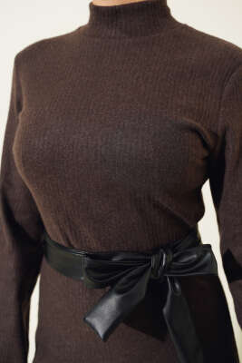 Deri Kuşaklı Fitilli Elbise Acı Kahve - Tesettür Elbise