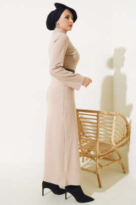 Deri Kuşaklı Fitilli Elbise Bej - Tesettür Elbise