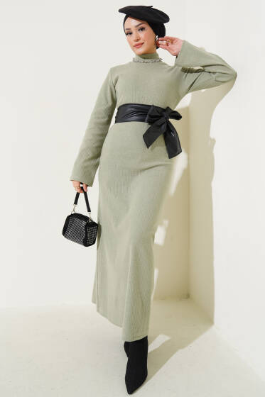 Deri Kuşaklı Fitilli Elbise Çağla Yeşili - Elbise