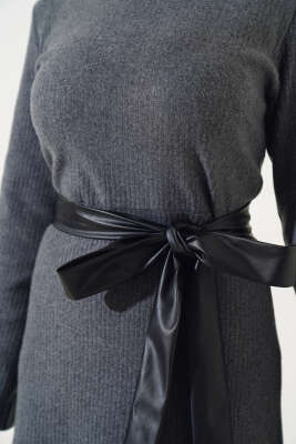 Deri Kuşaklı Fitilli Elbise Füme - Tesettür Elbise