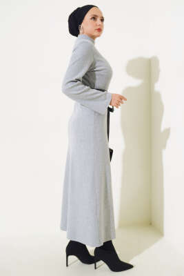 Deri Kuşaklı Fitilli Elbise Gri - Tesettür Elbise