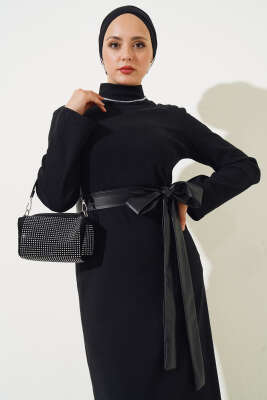 Deri Kuşaklı Fitilli Elbise Siyah - Tesettür Elbise