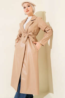 Deri Kuşaklı Kruvaze Yaka Trençkot Latte - TABLO FASHİON