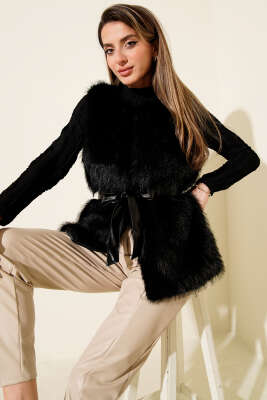 Deri Kuşaklı Kürk Yelek Siyah - MISRA