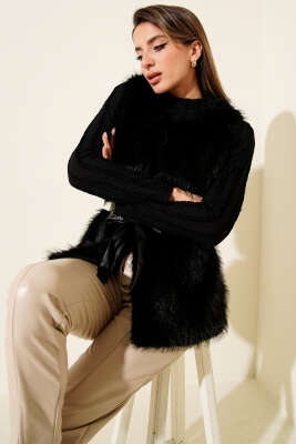 Deri Kuşaklı Kürk Yelek Siyah - Kadın Giyim Modelleri