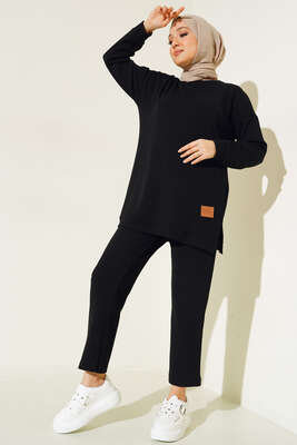 Deri Logo Armalı İkili Takım Siyah - NEVA MODA