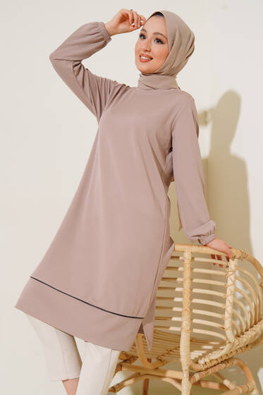 Deri Şeritli Basic Uzun Tunik Bej - Tunik