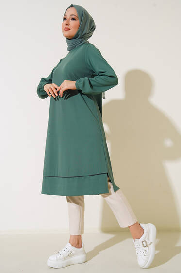 Deri Şeritli Basic Uzun Tunik Çağla Yeşili - Tunik