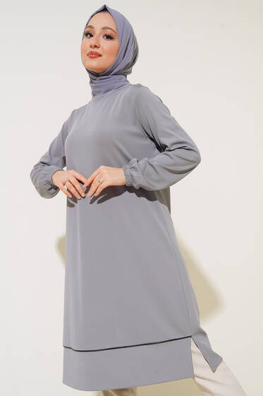 Deri Şeritli Basic Uzun Tunik Gri - Tunik