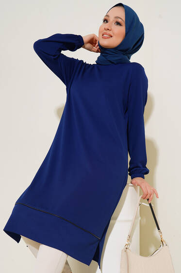 Deri Şeritli Basic Uzun Tunik Lacivert - Tunik