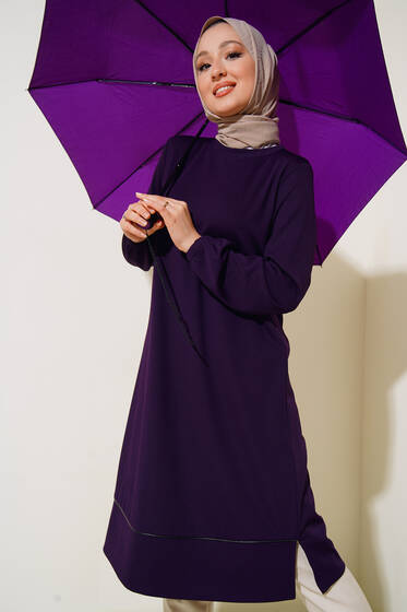 Deri Şeritli Basic Uzun Tunik Mor - Tunik