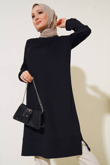 Deri Şeritli Basic Uzun Tunik Siyah - Tunik