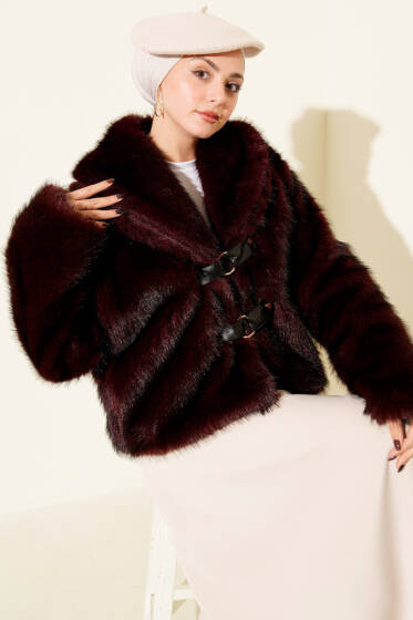 Deri Tokalı Kısa Kürk Mont Bordo - Mont