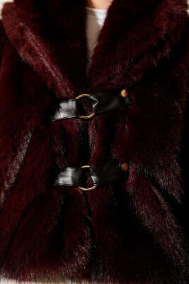 Deri Tokalı Kısa Kürk Mont Bordo - Mont