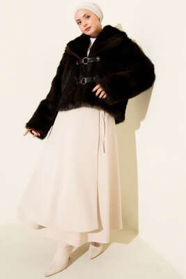 Deri Tokalı Kısa Kürk Mont Kahve - Mont