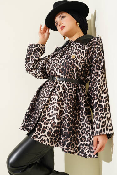 Deri Yaka Garnili Leopar Desenli Ceket Bej - Trençkot