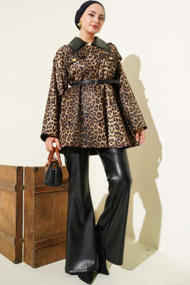 Deri Yaka Garnili Leopar Desenli Ceket Latte - Ceket